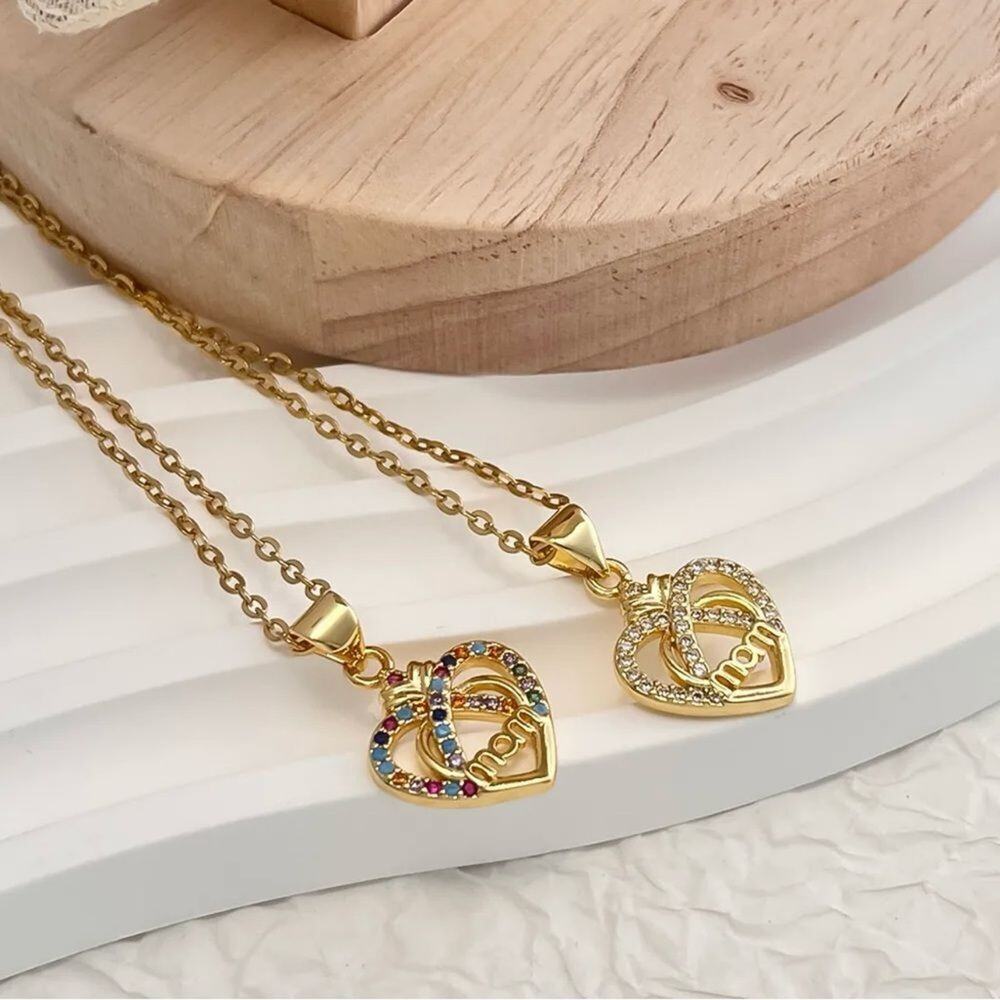 Gold Plated Crystal Pave "MOM" Heart Pendant Necklace - Picture 4 of 4
